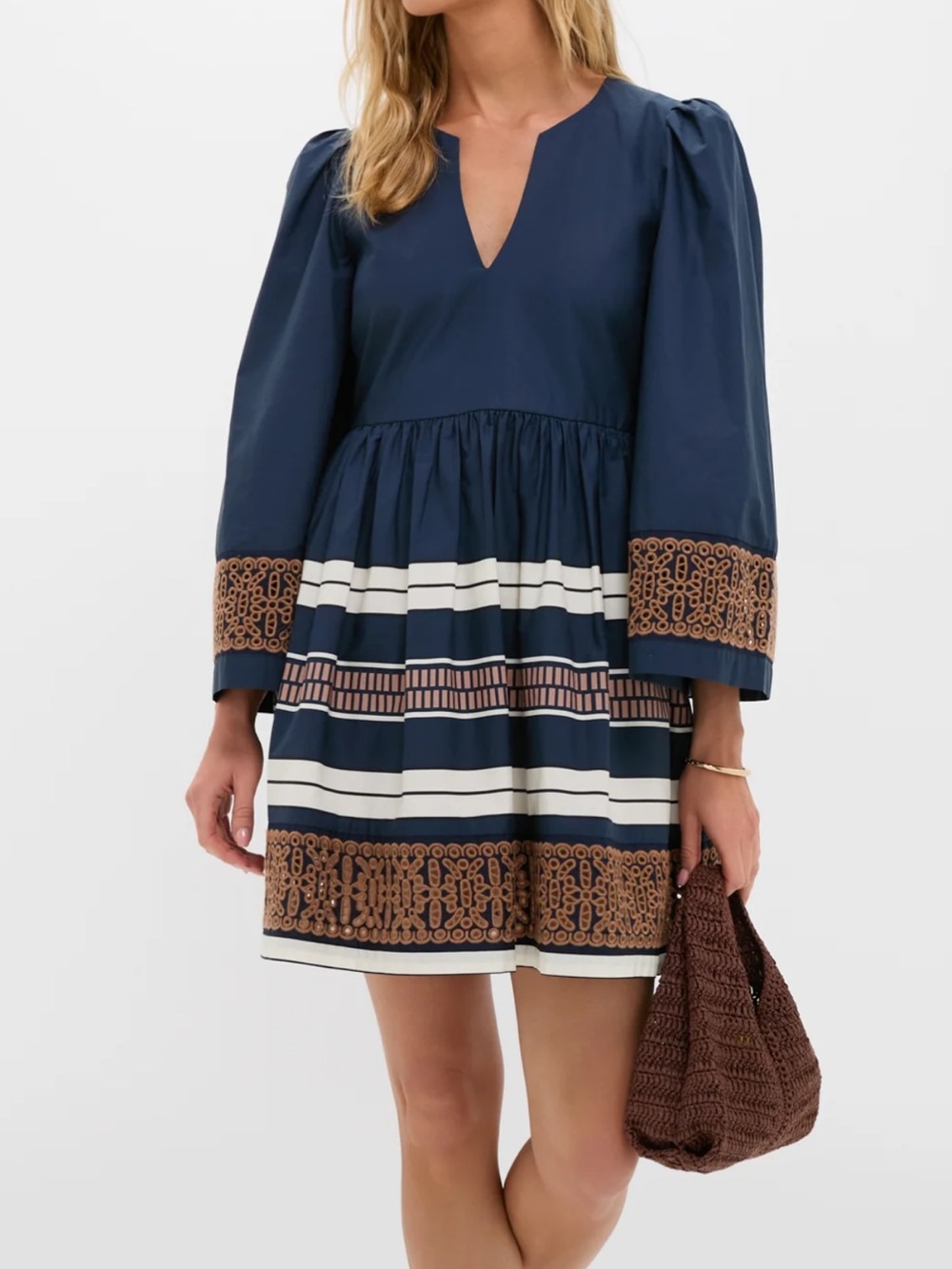Tuckernuck Navy Mini Dress with Brown Embroidered Trim